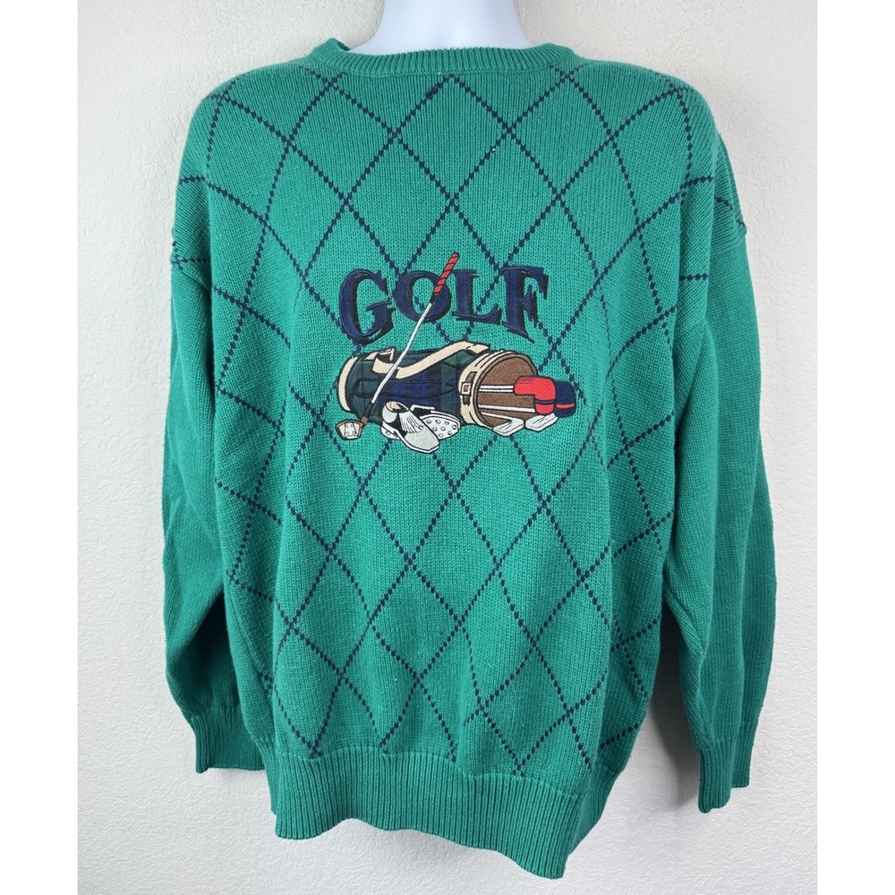 VTG 90s John Ashford Golf Knit Cotton Argyle Embroidered Golf Sweater‎ L Retro
